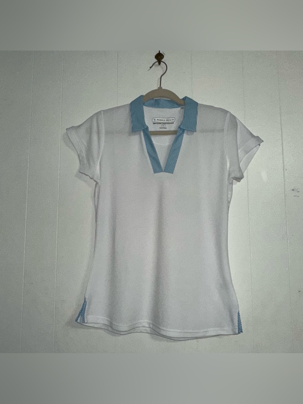 Pebble Beach Women’s Golf Polo M White Stripe Performance Tennis Athletic Top